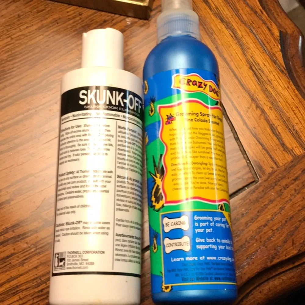 Skunk off for your unlucky dog, and some pina colada grooming spray to help!😟